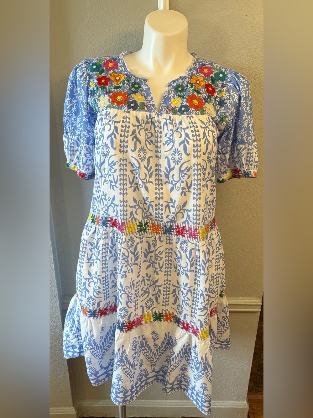 John Mark Blue and White Floral Midi Dress with Colorful Embroidery